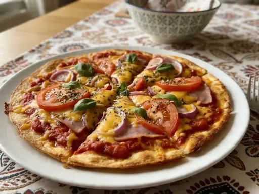 Pyszna pizza na tortilli z pomidorami, cebulą, szynką i serem, ozdobiona bazylią. Idealna na szybki obiad.
