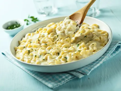 Pyszne mac and cheese przepis w białej misce, z drewnianą łyżką nabierającą porcję kremowego makaronu z serem.