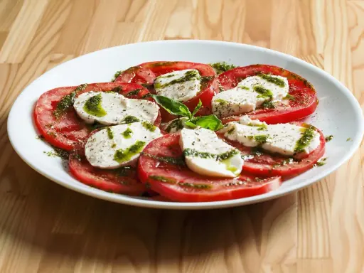 Sałatka caprese z pomidorów i mozzarelli, polana pesto. Idealne zdrowe przekąski na lato.
