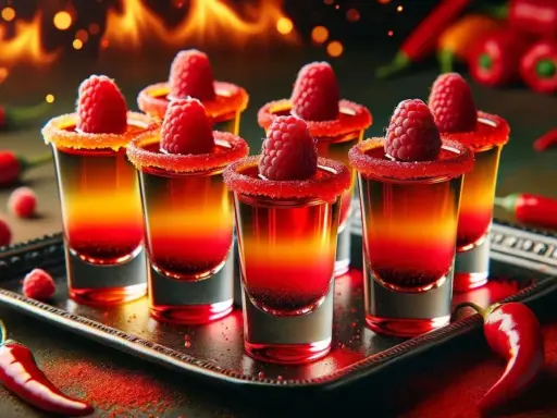 Ogniste shoty z malinami i chili. Ten drink z sokiem malinowym kusi ogniem i słodyczą.