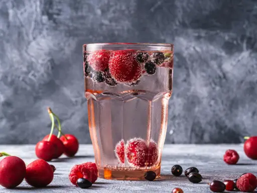 Orzeźwiający drink z wódką malinową, pełen malin, wiśni i borówek, bąbelkuje w szklance.