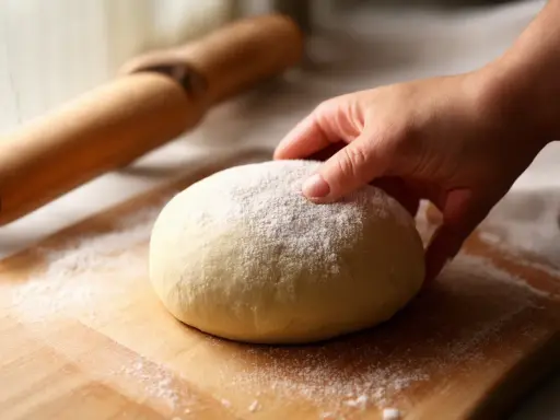 Dłoń dotyka kulki ciasta na pizzę, posypanej mąką. Obok wałek. Czy ciasto na pizzę można mrozić? Tak, można je zamrozić.