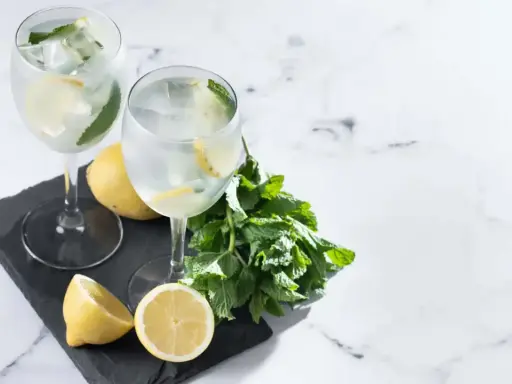 Dwa orzeźwiające drinki z prosecco, lodem, cytryną i miętą, prezentowane na czarnej desce z dodatkiem świeżych cytryn i gałązki mięty.