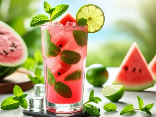 Letni arbuzowy mohito: jak zrobic ten orzeźwiający napój? W szklance kawałki arbuza, mięta, lód i plasterek limonki.