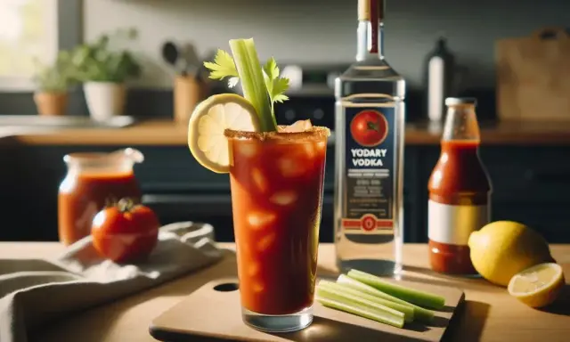 Krwawa Mary przepis: drink z lodem, cytryną i selerem, obok butelka wódki i sosu pomidorowego.