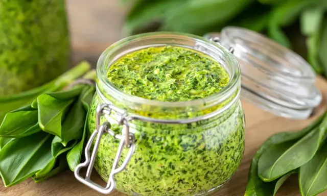 Słoik pełen aromatycznego pesto z czosnku niedźwiedziego, otoczony świeżymi liśćmi tej wiosennej rośliny.