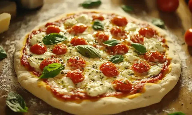 Pyszna pizza z pomidorkami i mozzarellą w zalewie, która nadaje się idealnie do pizzy, z listkami bazylii.