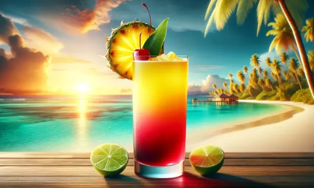 Tropikalny drink z ananasem, wiśnią i limonkami na tle rajskiej plaży o zachodzie słońca.