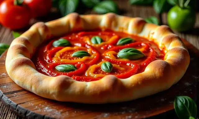 Pyszna pizza z papryką i bazylią, idealne dodatki do pizzy.