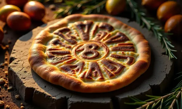 Oto pizza z napisem "Skąd pochodzi pizza", ozdobiona ziołami i jajkami.