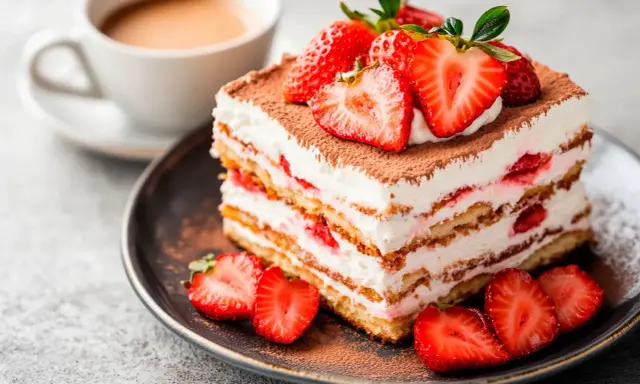 Pyszne tiramisu z truskawkami, idealne, gdy zastanawiasz się, jaki alkohol do tiramisu zamiast amaretto.