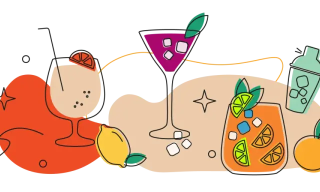 Kolorowe drinki z Cointreau, cytryny, pomarańcze i shaker do koktajli.
