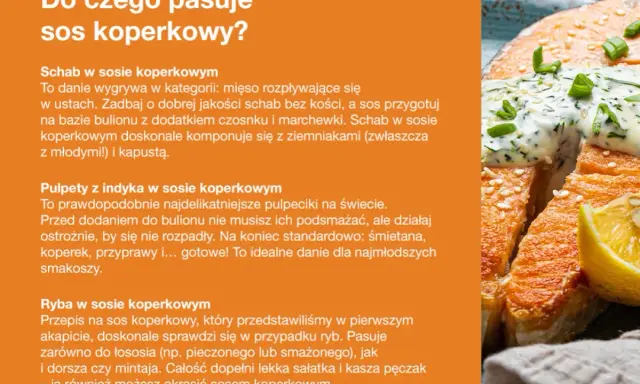 Apetyczny kawałek ryby polany kremowym sosem koperkowym, ozdobiony zieloną cebulką i cytryną.