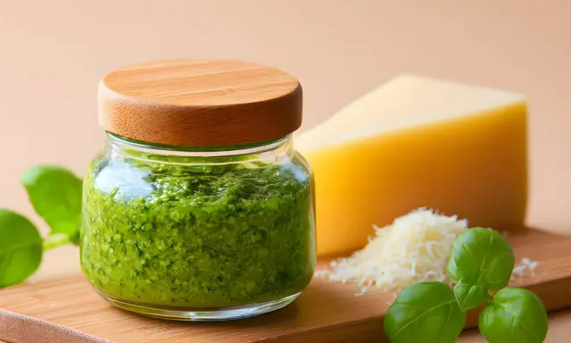 Słoiczek domowego **pesto bazyliowego** z kawałkiem parmezanu i świeżymi listkami bazylii na drewnianej desce.