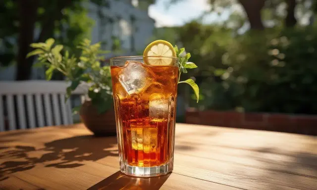 Orzeźwiające drinki z sheridanem, z lodem i plasterkiem cytryny, idealne na letni relaks w ogrodzie.