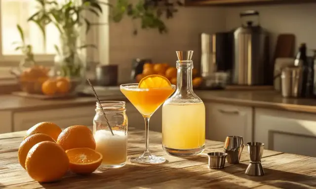 Orzeźwiający drink z likierem pomarańczowym, świeże pomarańcze i składniki do jego przygotowania na drewnianym blacie.