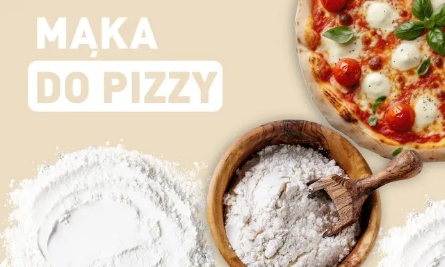 Idealna mąka do pizzy: biała, sypka, w drewnianej misce, obok gotowej margherity.