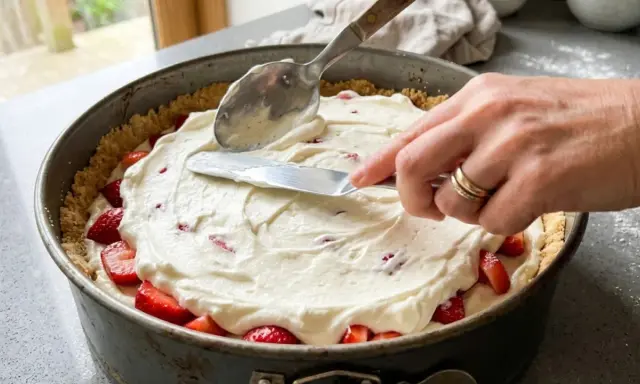 Nakładanie kremu z mascarpone na spód z truskawkami w tortownicy.