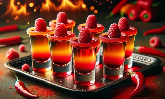 Ogniste shoty z malinami i chili. Ten drink z sokiem malinowym kusi ogniem i słodyczą.