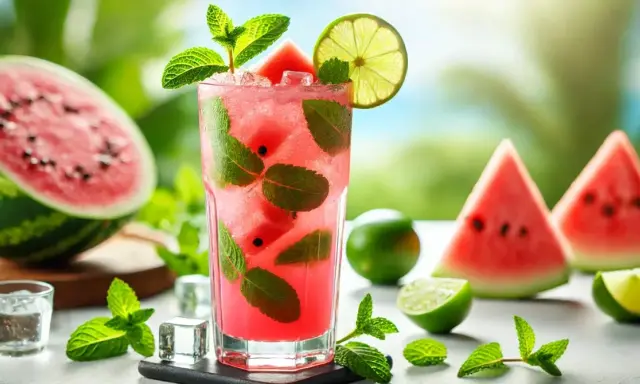 Letni arbuzowy mohito: jak zrobic ten orzeźwiający napój? W szklance kawałki arbuza, mięta, lód i plasterek limonki.