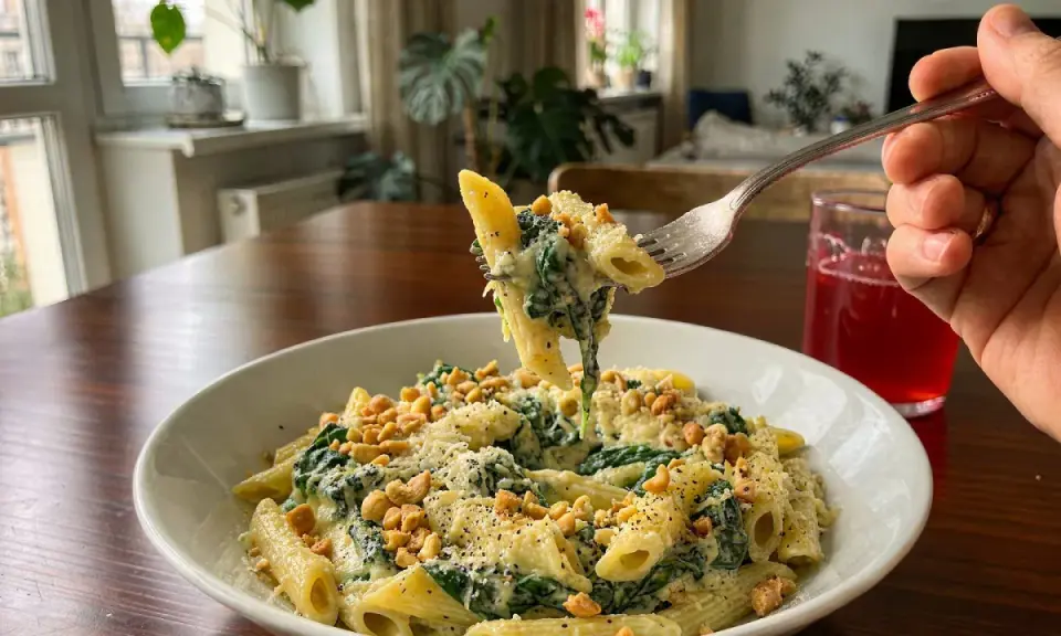 Penne z kremowym sosem, szpinak na gęsto i chrupiące orzeszki. Idealny obiad!