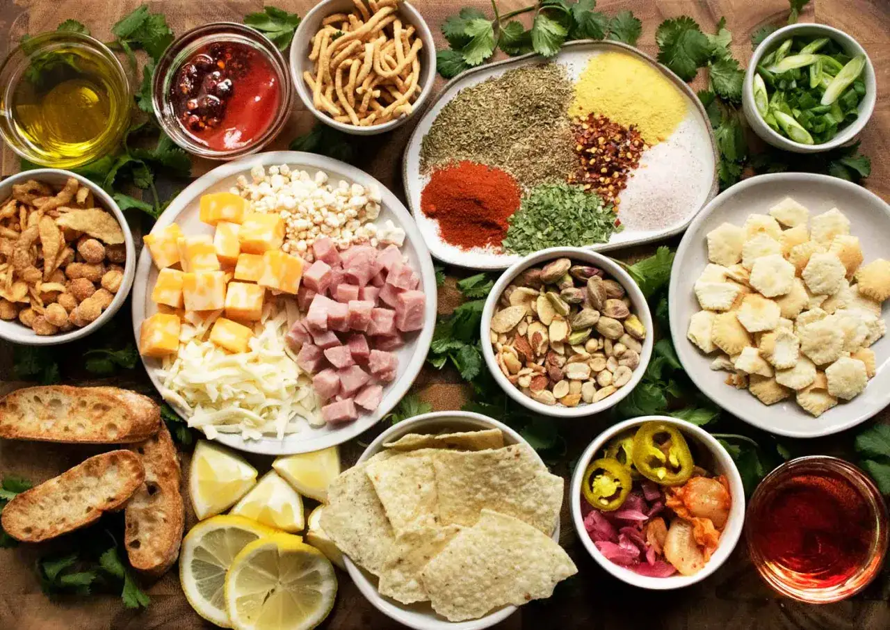 Bogactwo dodatków do zupy krem: ser, szynka, chrupki, orzechy, przyprawy, nachos, pieczywo i pikantne marynaty.