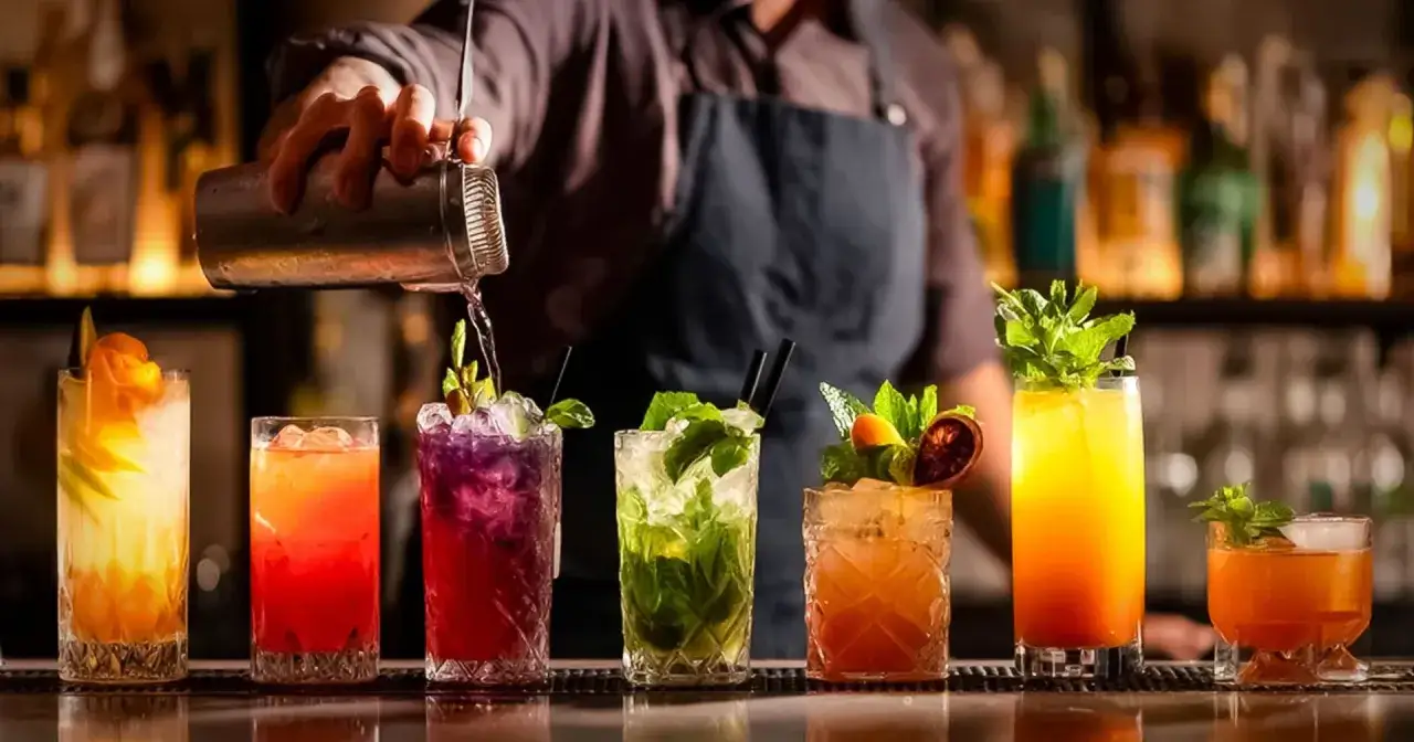 Barman w fartuchu przygotowuje kolorowe drinki. Widać siedem drinków z owocami i miętą.