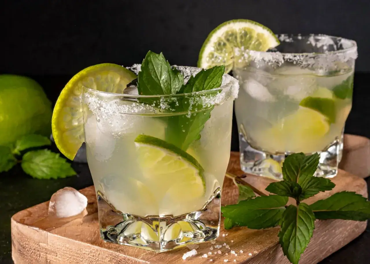 Orzeźwiający tokyo ice tea z limonką i miętą, udekorowany cukrem na krawędzi szklanki. Idealny na upalne dni.