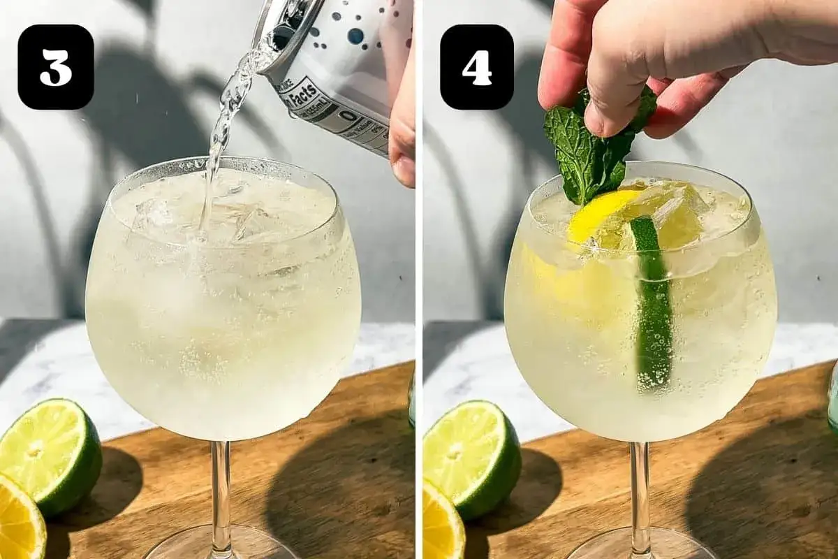Przygotowanie orzeźwiających drinków z martini bianco. Dodawanie lodu i napoju gazowanego, a następnie dekorowanie plasterkiem cytryny i miętą.