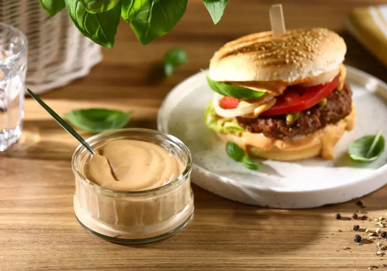 Pyszny sos do burgera w słoiczku, obok gotowy burger z dodatkami. Idealny duet na letni wieczór.