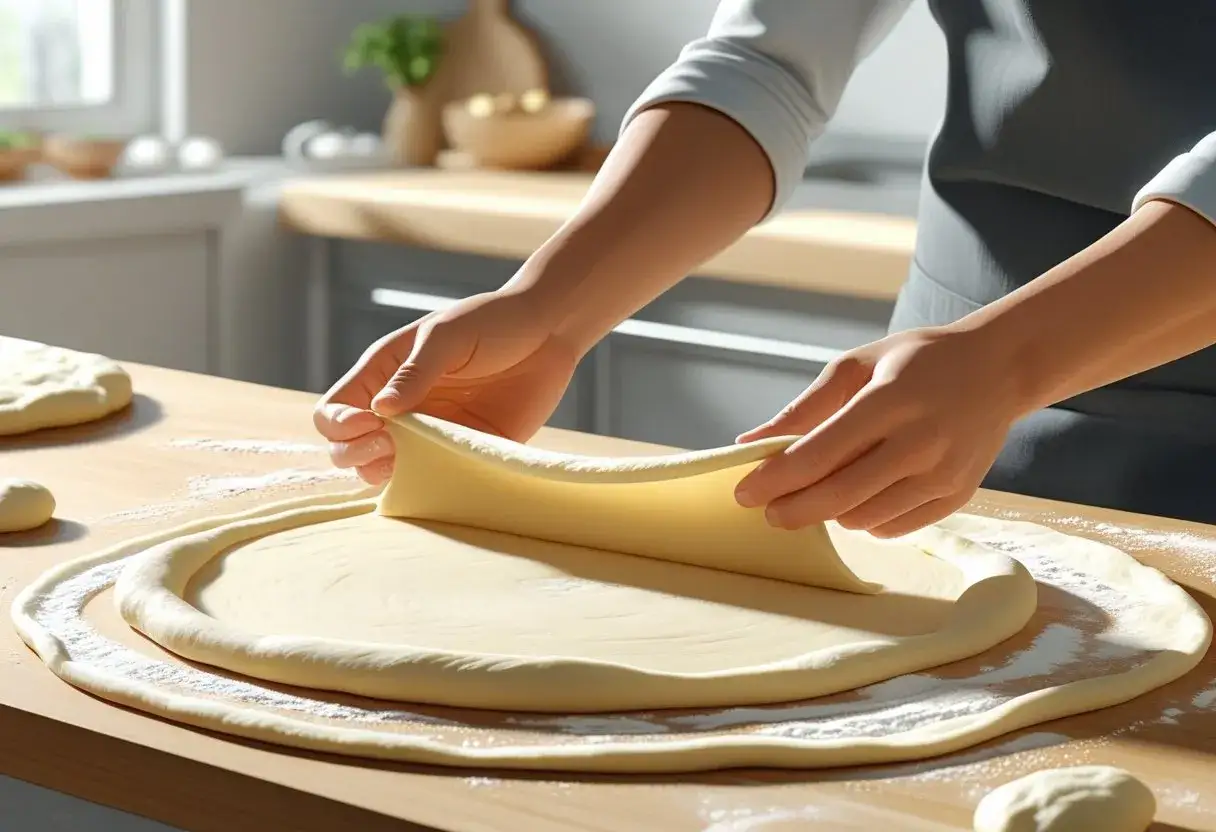 Ręce formują ciasto na pizzę. Czy ciasto na pizzę można zrobić dzień wcześniej? Tak, to świetny pomysł na oszczędność czasu.