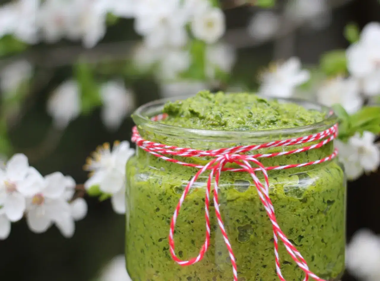 Słoik domowego pesto z czosnku niedźwiedziego, ozdobiony czerwonobiałym sznurkiem, na tle kwitnących drzew.
