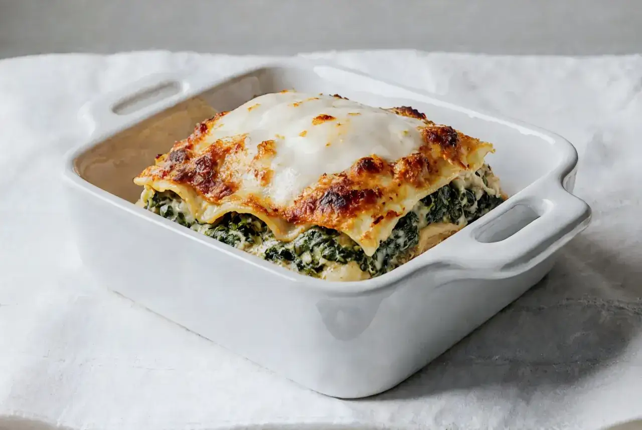 Pyszne lasagne ze szpinakiem, zapieczone pod złotą warstwą sera, w białej ceramicznej formie.