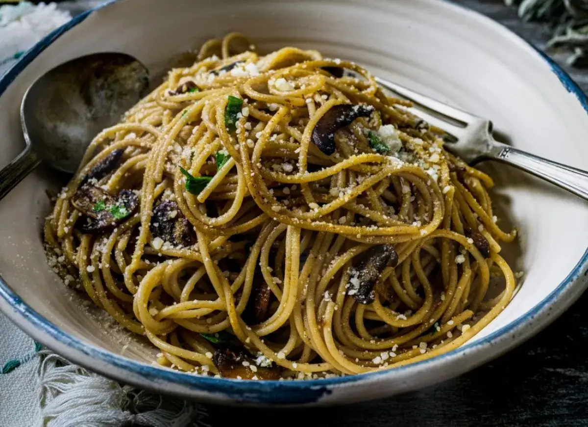 Pyszne spaghetti bez mięsa z grzybami i parmezanem, podane w misce z widelcem i łyżką.