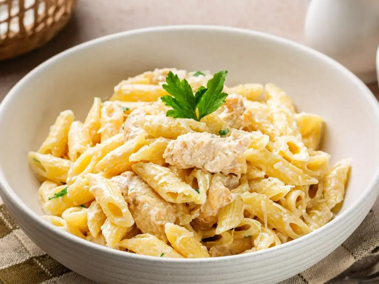 Penne z kurczakiem w kremowym sosie, posypane parmezanem i udekorowane natką pietruszki. Pyszne danie obiadowe.