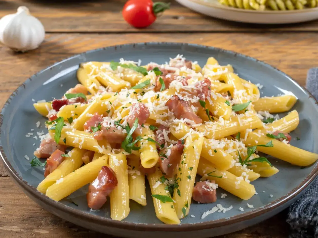 Penne rigate z chrupiącym boczkiem, posypane parmezanem i natką pietruszki. Idealne makaron z boczkiem na obiad.