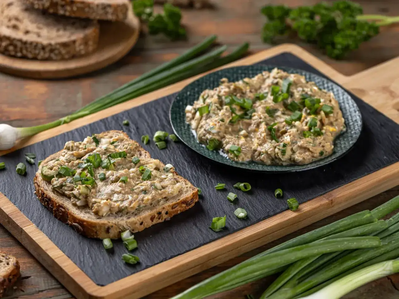 Pyszna pasta z tuńczyka i jajek na ciemnym chlebie, posypana szczypiorkiem. Obok talerz z pastą i świeży szczypiorek.