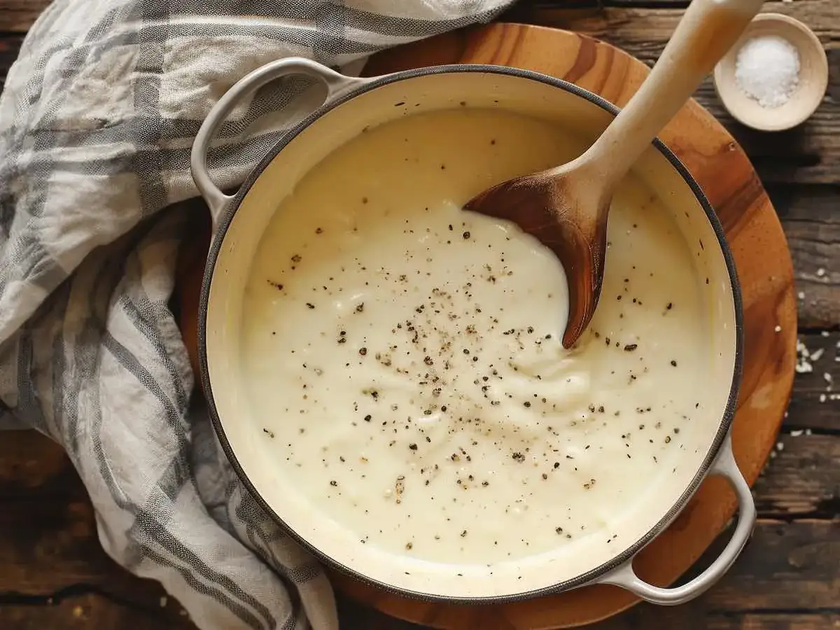 Gładki, kremowy sos beszamelowy w garnku, doprawiony świeżo mielonym pieprzem. Idealny do zapiekanek i lasagne.
