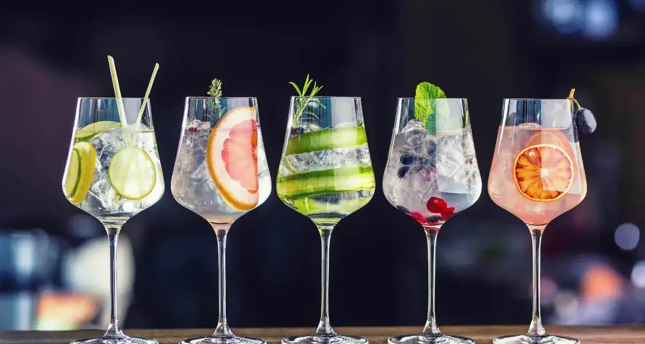 Pięć kolorowych drinków z ginem, udekorowanych owocami i ziołami, prezentuje się apetycznie.