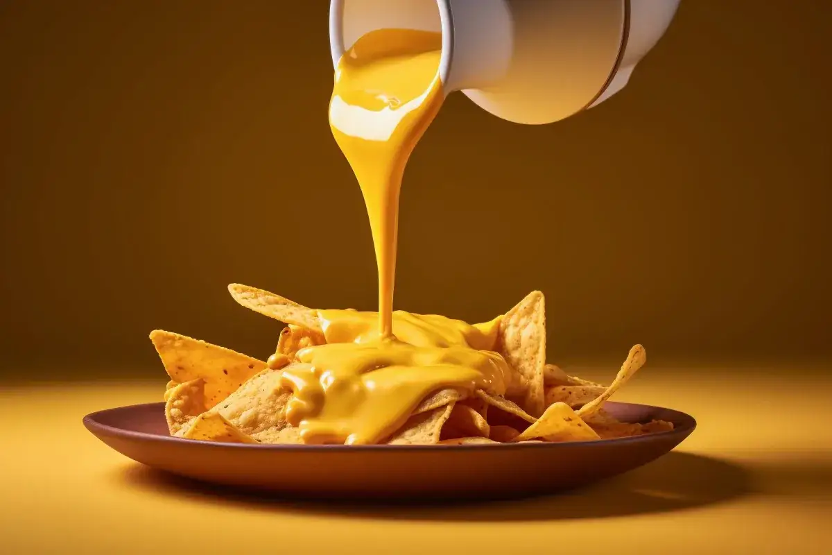 Nacho chips zanurzają się w gęstym, złocistym sosie serowym. Idealna przekąska na wieczór.