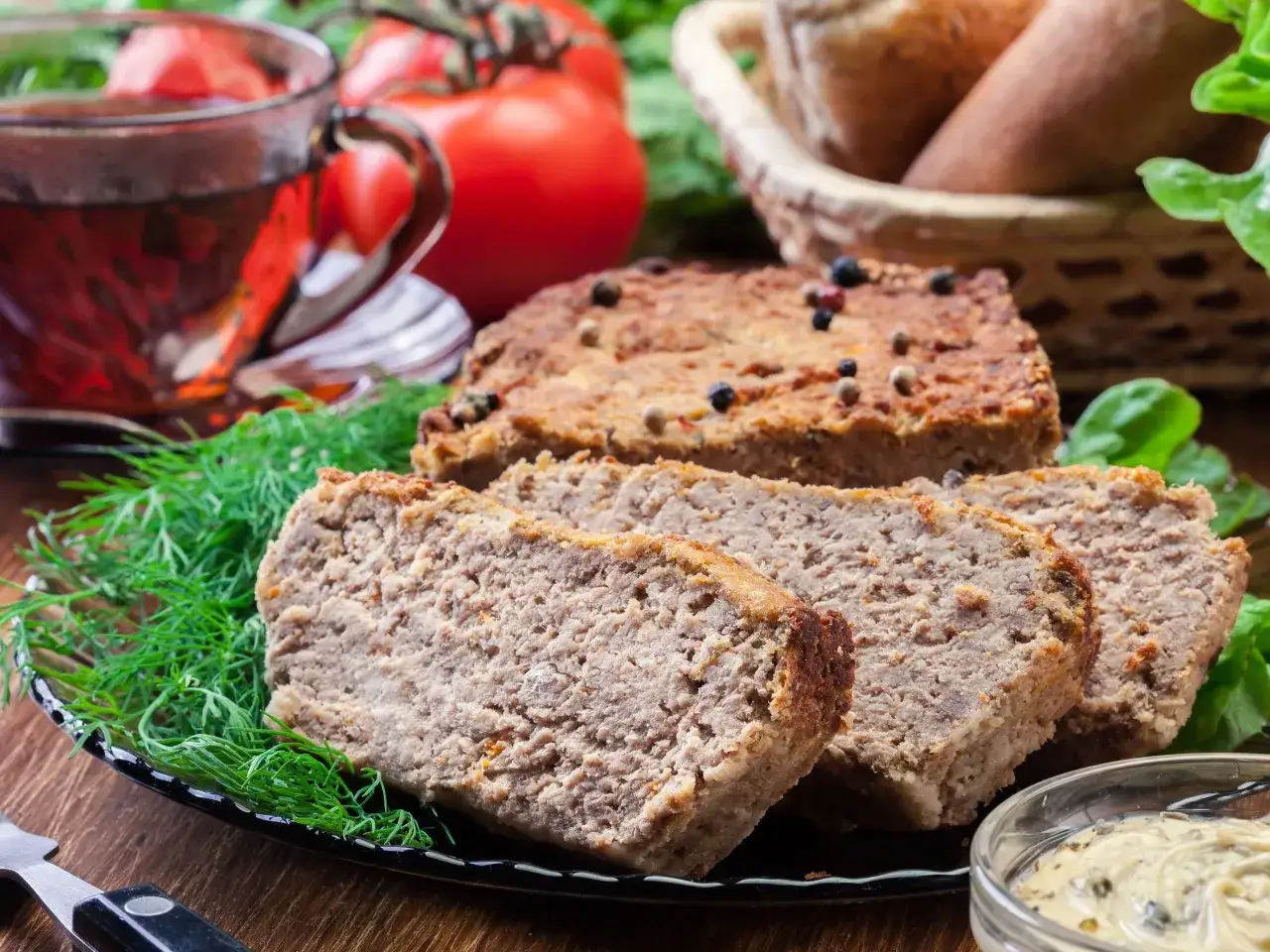 Pyszny pasztet drobiowy z wątróbką, udekorowany pieprzem, podany z koperkiem, pomidorem i pieczywem.