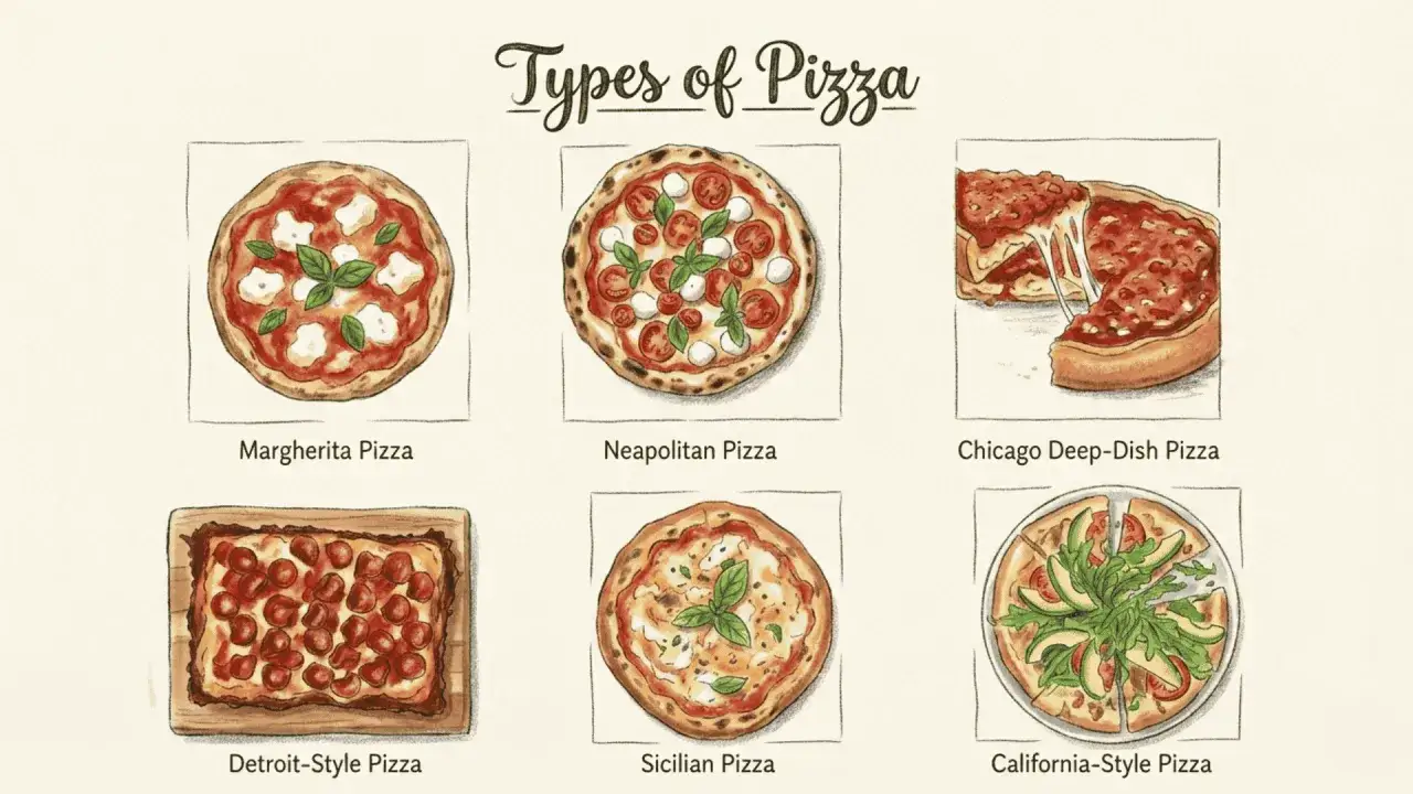 Ilustracja przedstawia różne rodzaje pizzy: Margherita, Neapolitańską, Chicago Deep-Dish, Detroit-Style, Sycylijską i Kalifornijską. Czy pizza to fast food? Zależy od rodzaju!