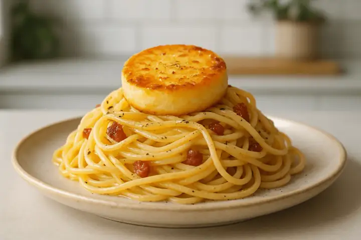 Pyszna carbonara z kawałkiem złocistego sera na wierzchu. Idealny wybór, jaki ser do carbonary? Ten na pewno!